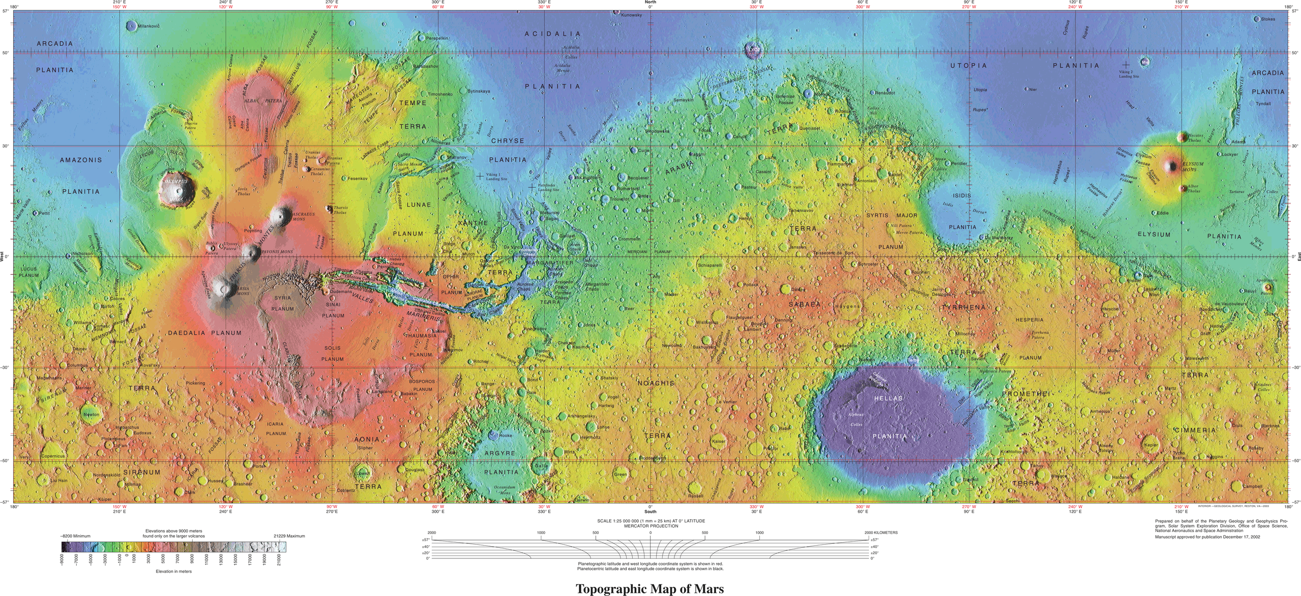 Topographic Map of Mars by U.S. Geological Survey, using Mars Orbiter Laser Altimeter (MOLA) data collected by NASAs Mars Global Surveyor (MGS). Date: 2003. Credit: U.S. Geological Survey (USGS) / NASA