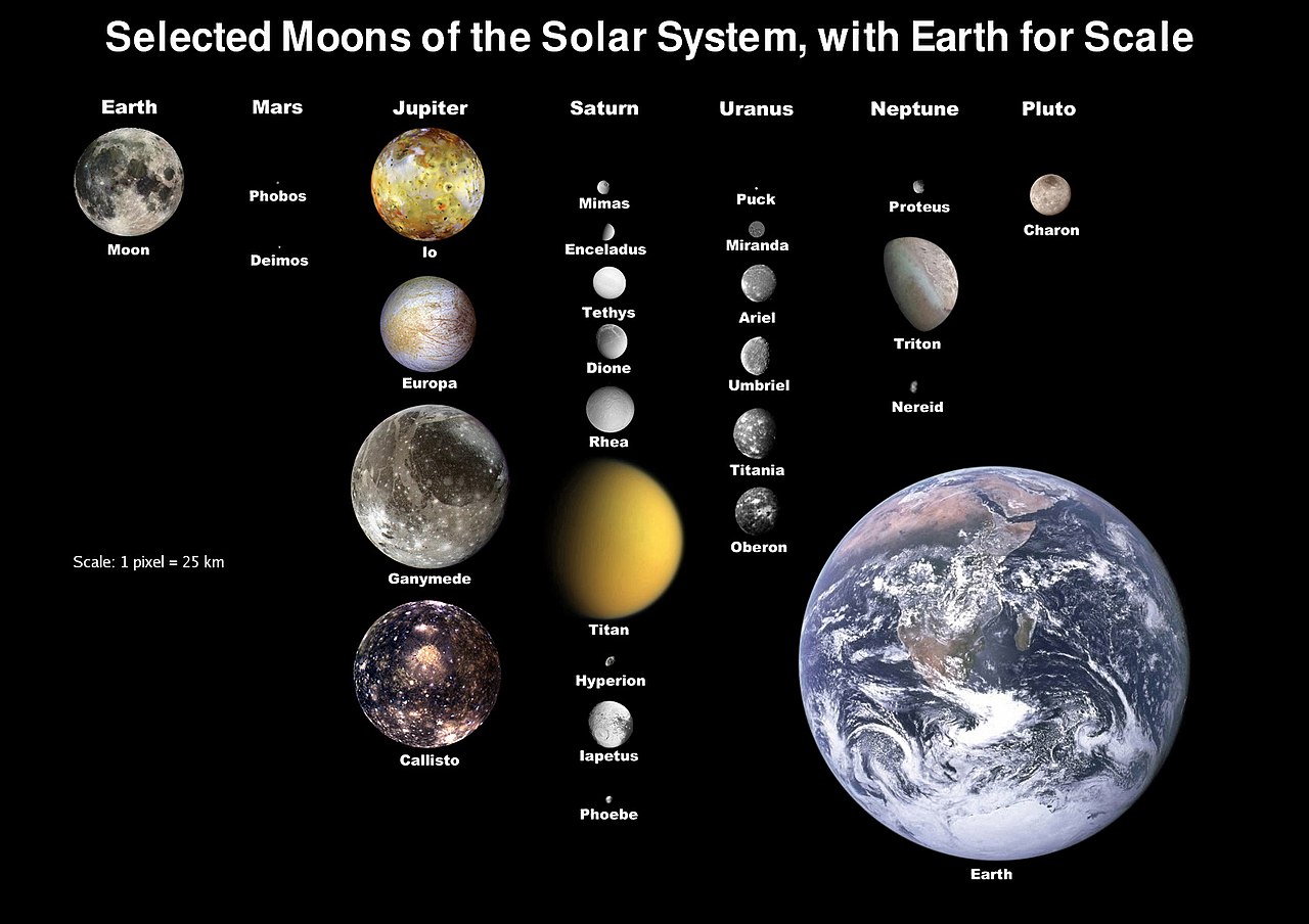 Moons of the Solar System to scaled according to the size of the Moon. Credit: NASA and other authors. Originally uploaded from NASA by Bricktop; edited by Deuar, KFP, TotoBaggins, City303, JCPagc2015